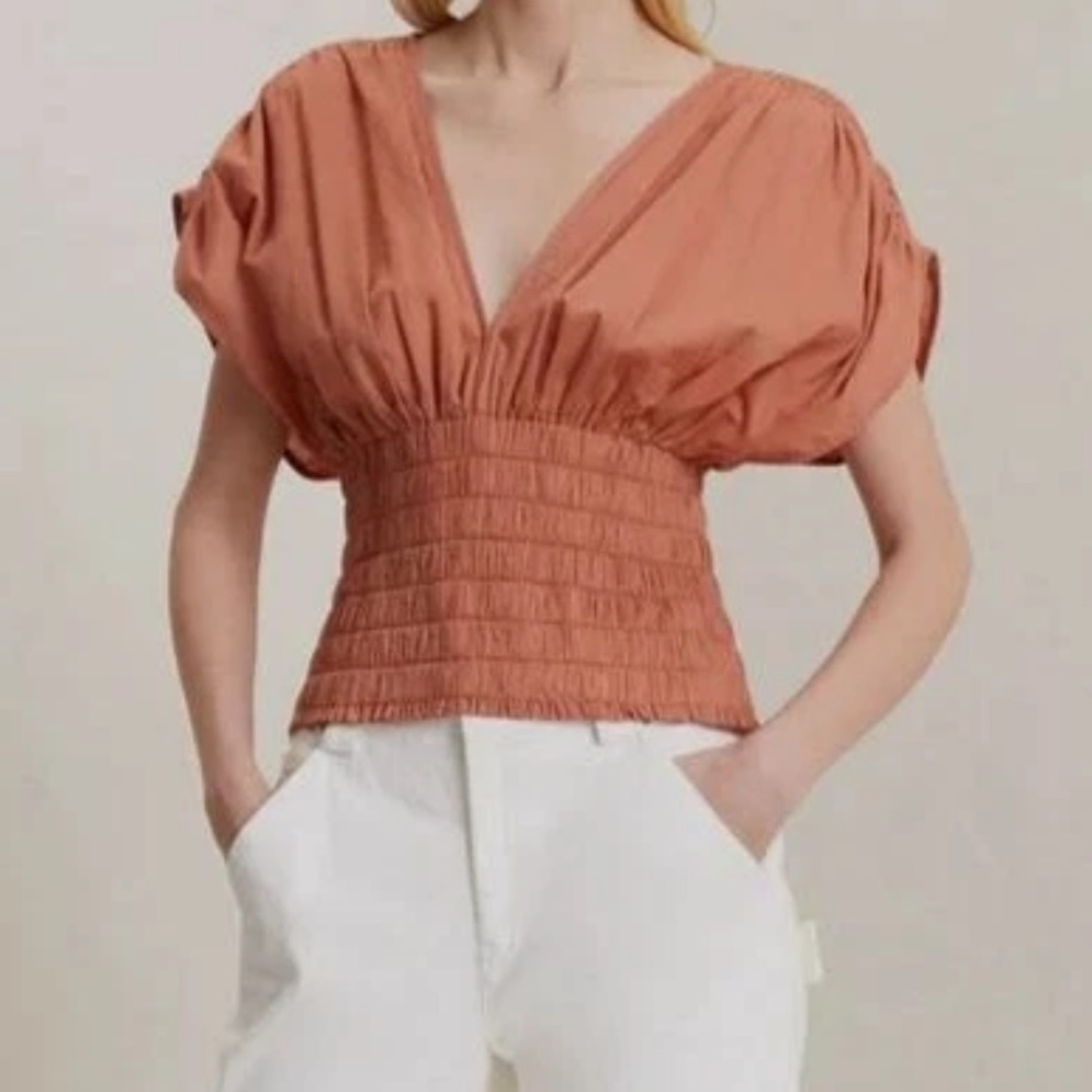 A.L.C. Luna Shirred V Neck Cotton Top in Armagnal Dusty Coral size 0 $295